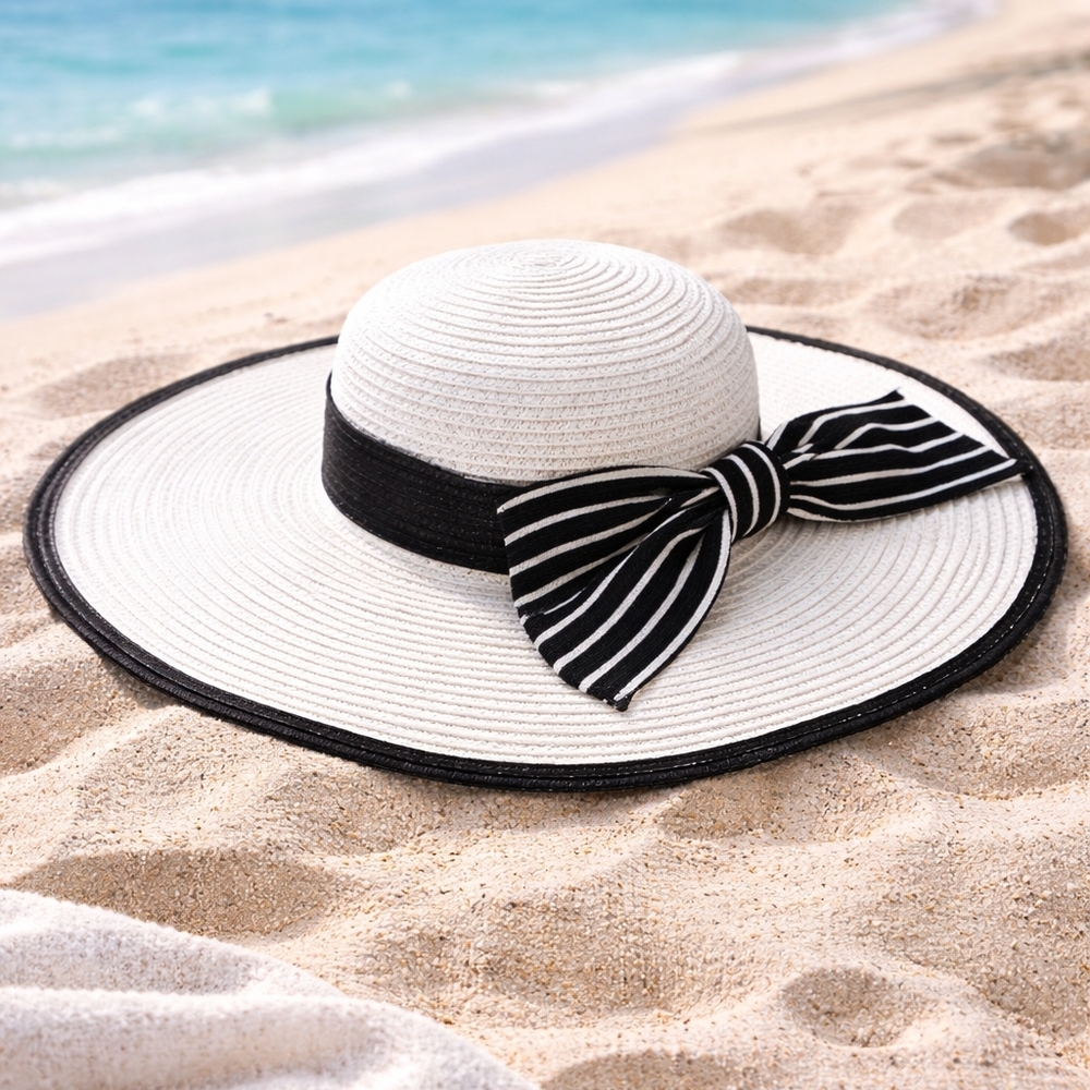 Women Wide Brim Sun Hat White w/ Black Trim Bow Beach Summer Elegant Vacation - Picture 2 of 3